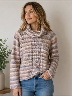 Cozy Cable-Front Turtleneck Sweater in Neutral Multi Cleo New with tags